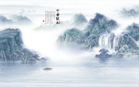 水墨山水小船背景墙