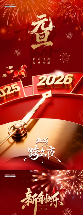 马年2026元旦新年跨年夜时针海报