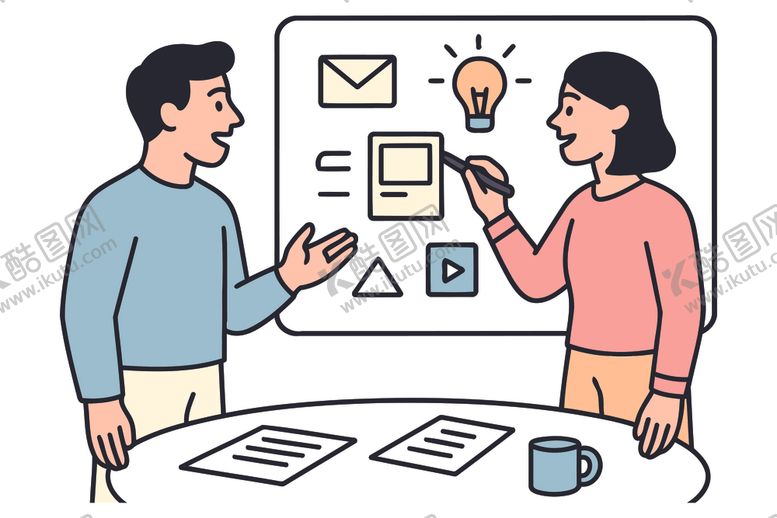 编号：58934004050416316025【酷图网】源文件下载-两人白板前交流创意