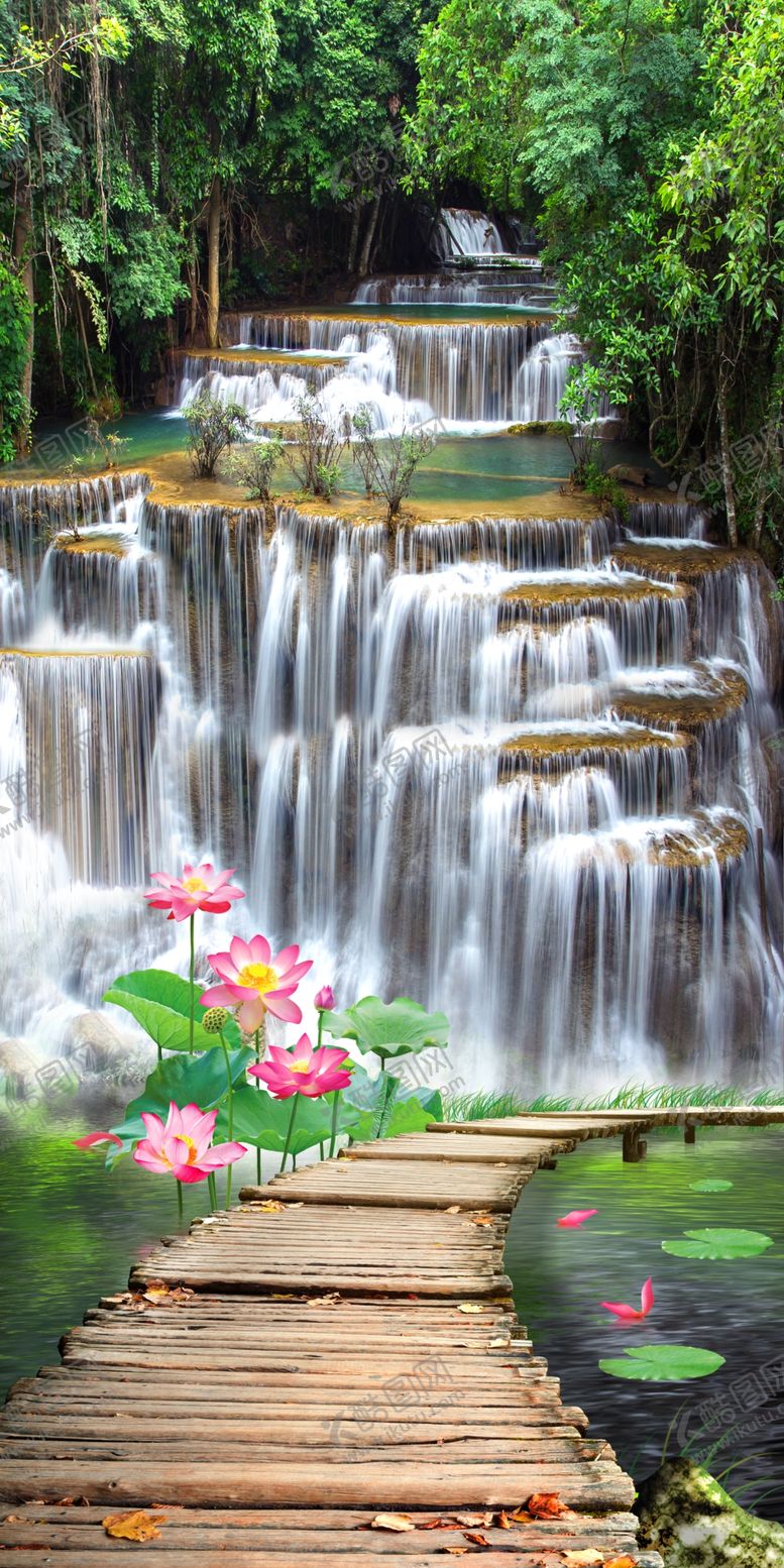 编号：87097109090716227693【酷图网】源文件下载-山水画瀑布荷花玄关图