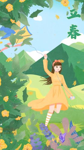 春日女孩于花丛中起舞