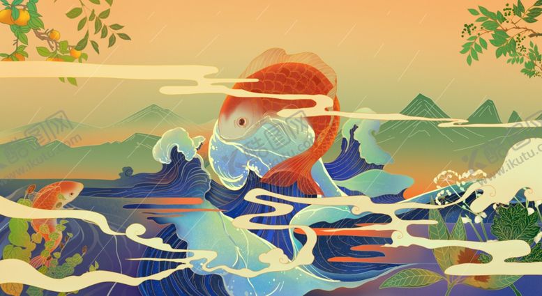 编号：97178709262322153305【酷图网】源文件下载-浮世绘锦鲤传统插画卡通背景素材