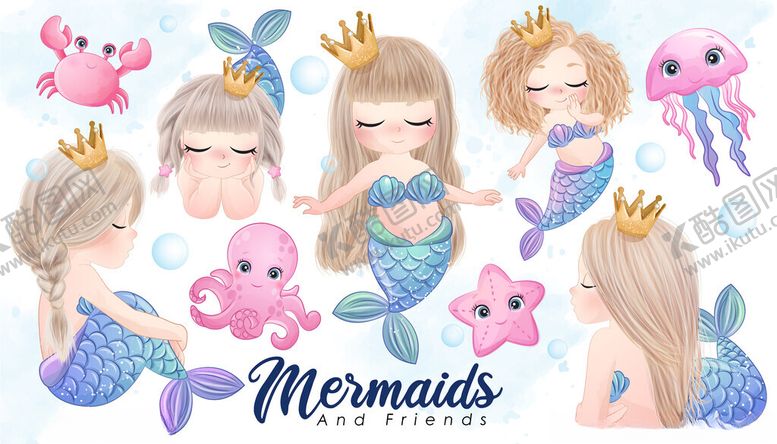 编号：33160604031726197181【酷图网】源文件下载-可爱卡通美人鱼插画图案