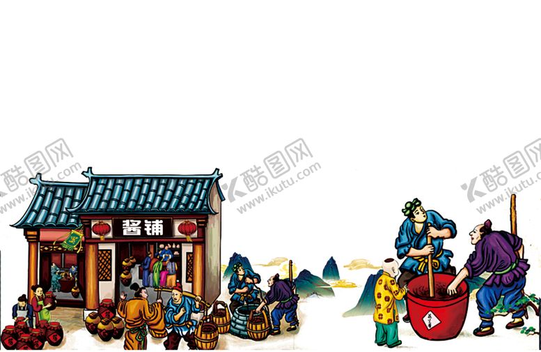 古人手绘街道手绘手绘物集市