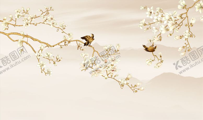 编号：24205705031953347340【酷图网】源文件下载-花鸟画玉兰小鸟背景墙
