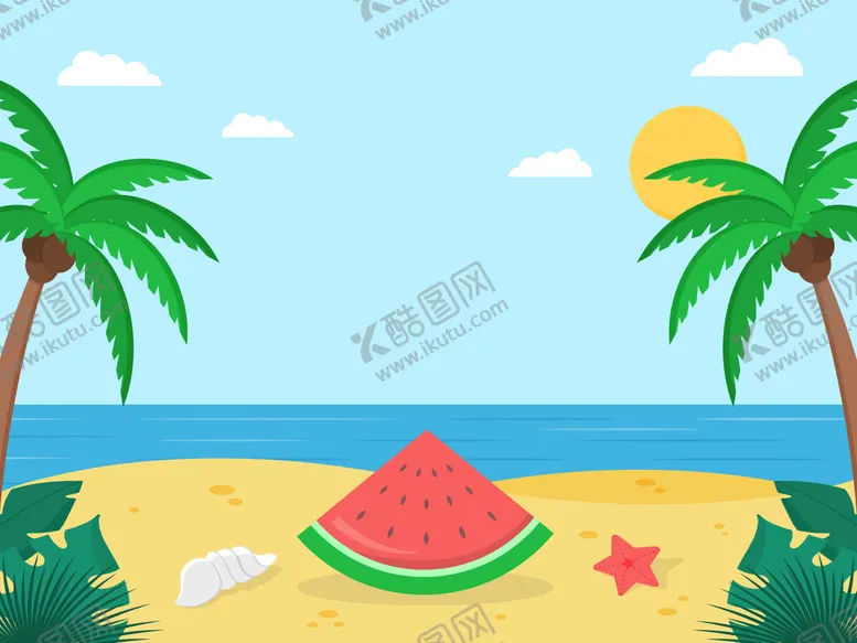 编号：73690509130319196912【酷图网】源文件下载-沙滩背景蓝天西瓜
