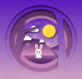 紫色渐变中秋剪纸矢量素材