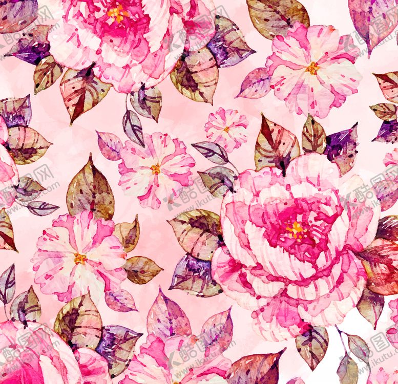 编号：37459210110310283022【酷图网】源文件下载-水彩绘粉色花卉无缝背景