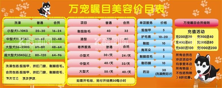 编号：76195603070739564880【酷图网】源文件下载-宠物洗护价目表