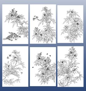 花卉白描图案六福
