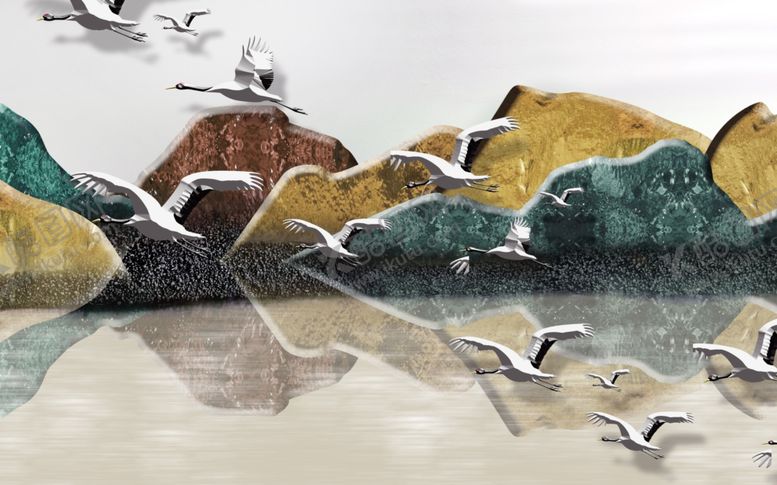 编号：22762209250746353986【酷图网】源文件下载-水墨画鹤背景墙