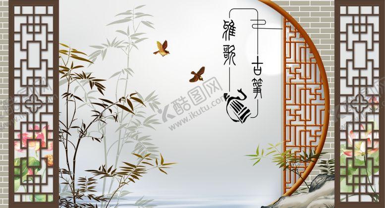 编号：11718609240452112053【酷图网】源文件下载-中式花鸟古筝背景墙