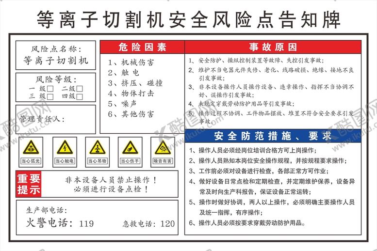 编号：22852201240339389947【酷图网】源文件下载-等离子切割机安全风险点告知牌