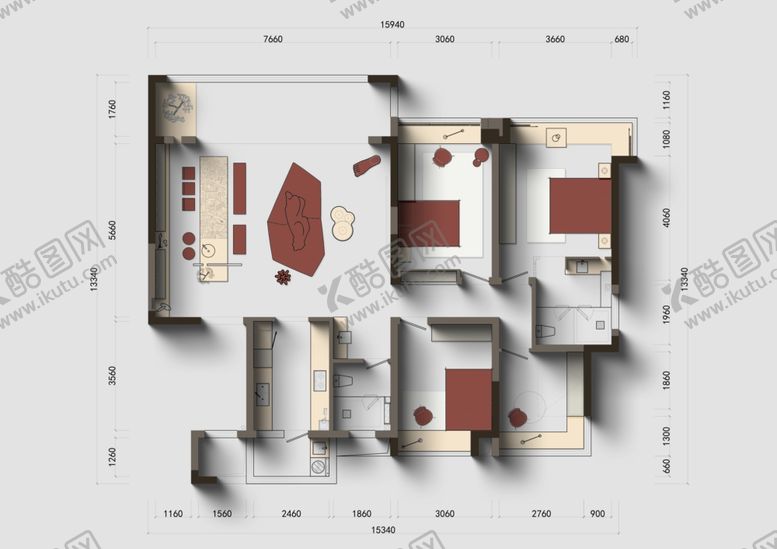 编号：90266704022349311956【酷图网】源文件下载-立体风格建筑户型平面图