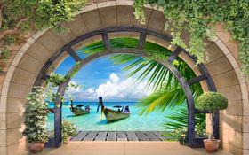 海边走廊椰树背景墙