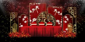 现代感新中式红色婚礼迎宾区效果