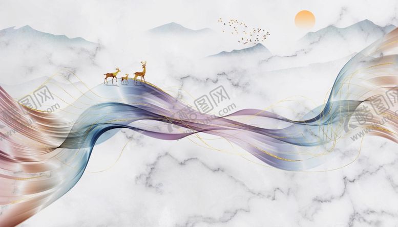 编号：93015610031037535636【酷图网】源文件下载-山水画飘带大理石纹背景墙