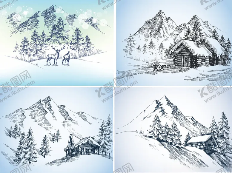 编号：66405206250638152464【酷图网】源文件下载-冬日雪山风景素描图