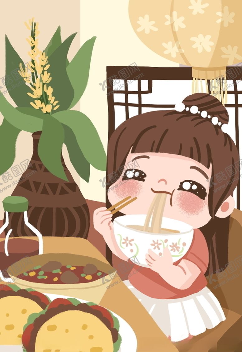编号：55628807060453474123【酷图网】源文件下载-女孩吃面插画