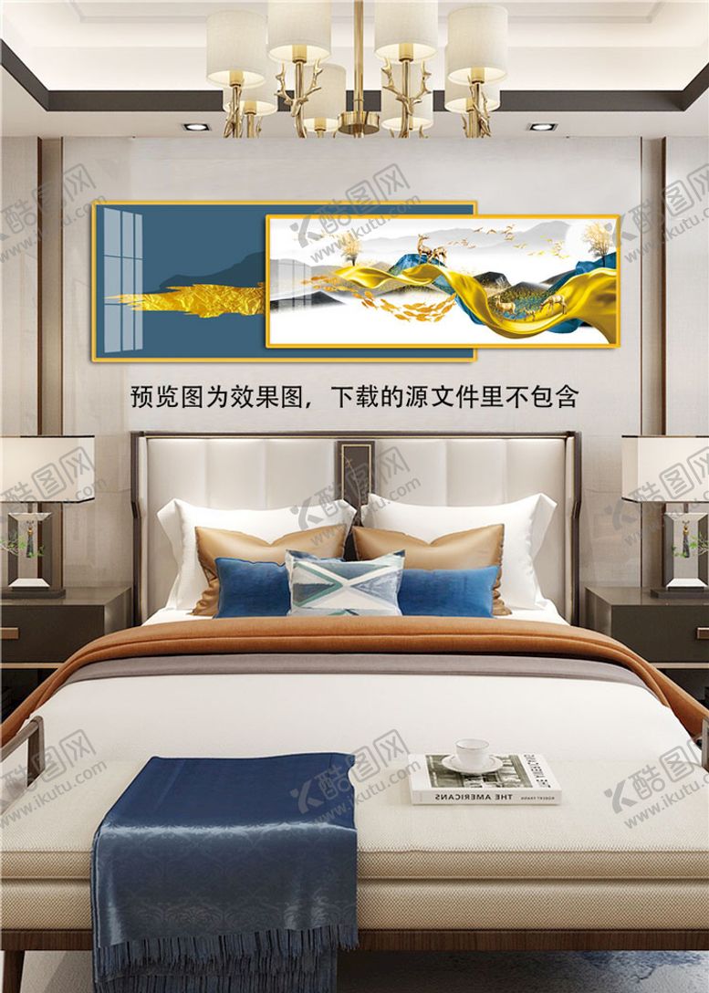 编号：26207010261636454570【酷图网】源文件下载-麋鹿水墨风景画绸布床头画装饰画
