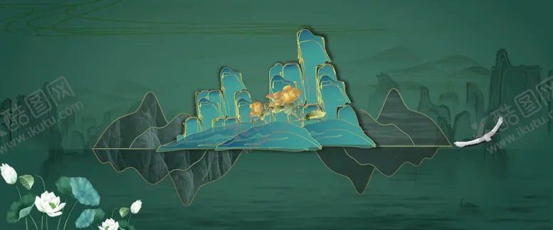 编号：24916609090359066450【酷图网】源文件下载-新中式山水鎏金仙鹤背景