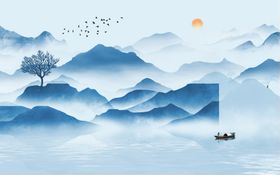 蓝色山水画