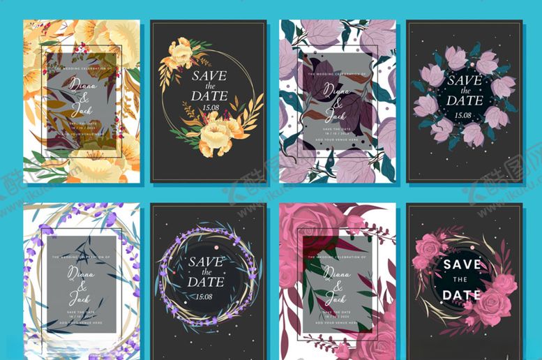 编号：57444210071354066275【酷图网】源文件下载-6款彩色花卉婚礼邀请卡矢量素材