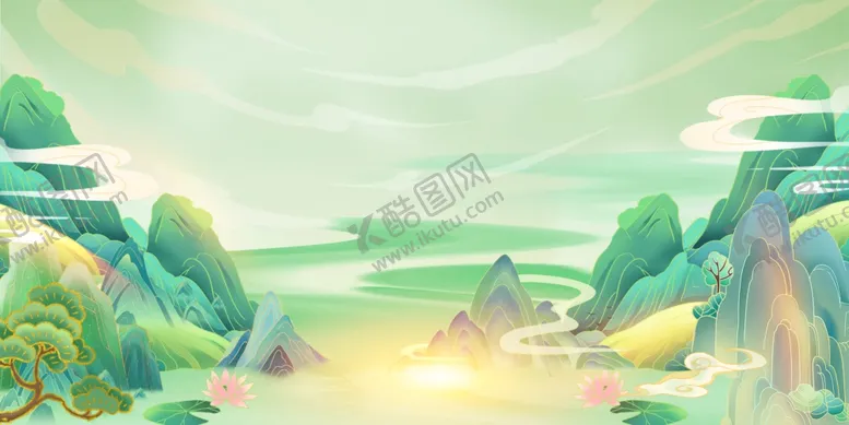 编号：58848505012243432409【酷图网】源文件下载-梦幻青绿山水风景插画