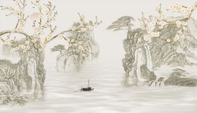 水墨山水小船背景墙