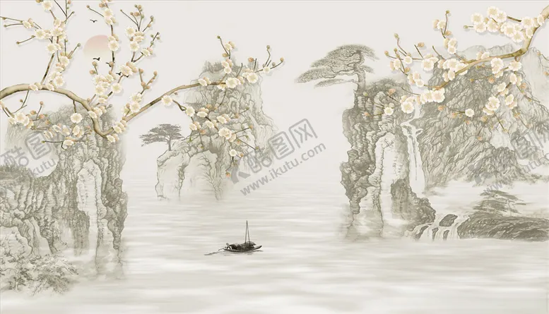 编号：61082805081342319087【酷图网】源文件下载-水墨山水小船背景墙