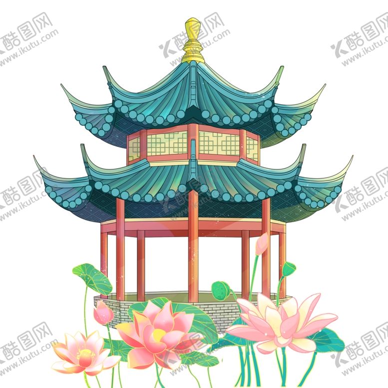 编号：47264502282147176686【酷图网】源文件下载-国潮手绘古典建筑凉亭与荷花