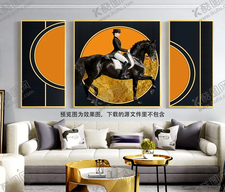 编号：08743609260610113672【酷图网】源文件下载-黑色骏马骑士三联挂画装饰画