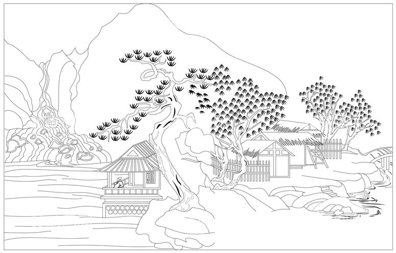 编号：41857609150922194903【酷图网】源文件下载-山水建筑线稿水墨等高线