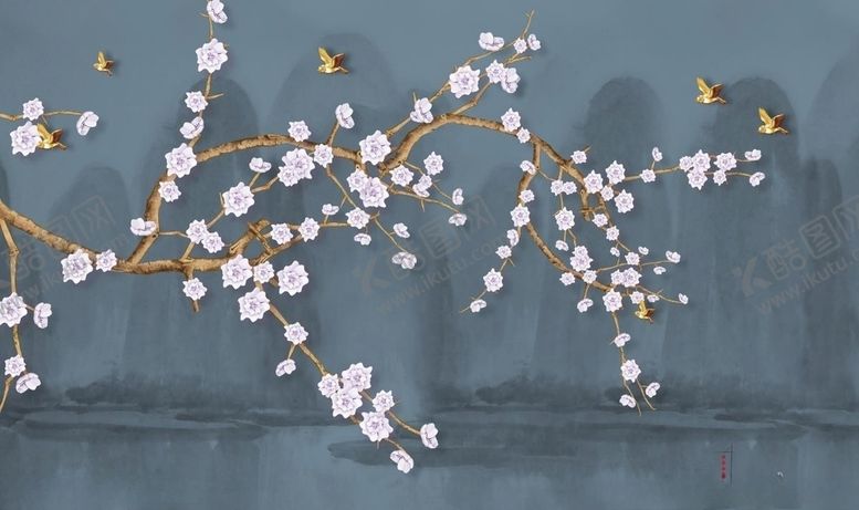 编号：67038306170323242087【酷图网】源文件下载-白梅山水新中式背景墙