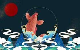 中国风背景卡通山水画画