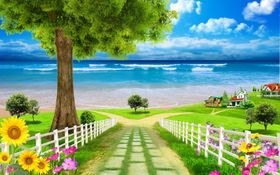 风景画蓝天白云树木花草风景壁画