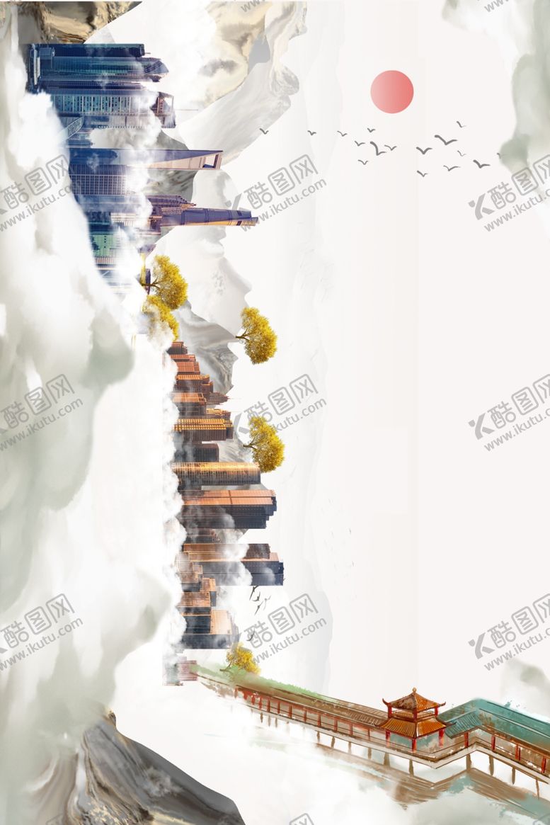 编号：49692910211211518553【酷图网】源文件下载-山水地产传统国风插画卡通背景