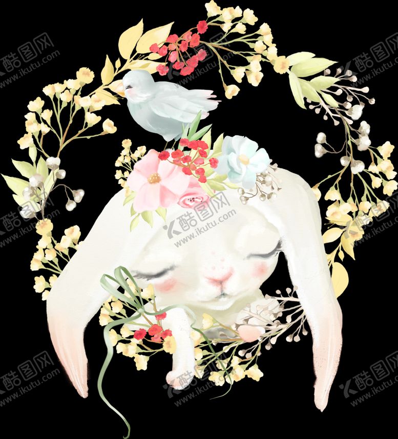 编号：35744010080904373114【酷图网】源文件下载-手绘花环和可爱小兔子