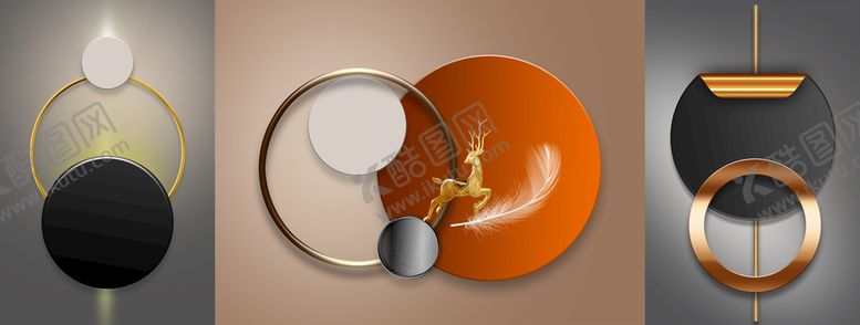 编号：83772310180236569128【酷图网】源文件下载-金属灯饰装饰画麋鹿羽毛三联画