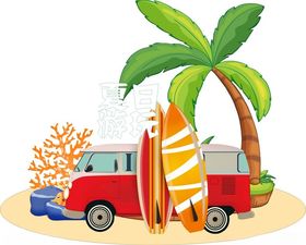 沙滩上的冲浪车与棕榈树