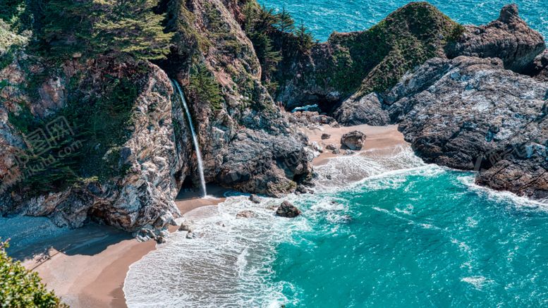 编号：78196906151444323371【酷图网】源文件下载-群山大海沙滩瀑布风景