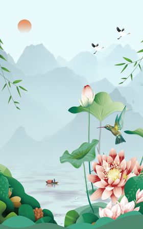 水墨山水荷花仙鹤