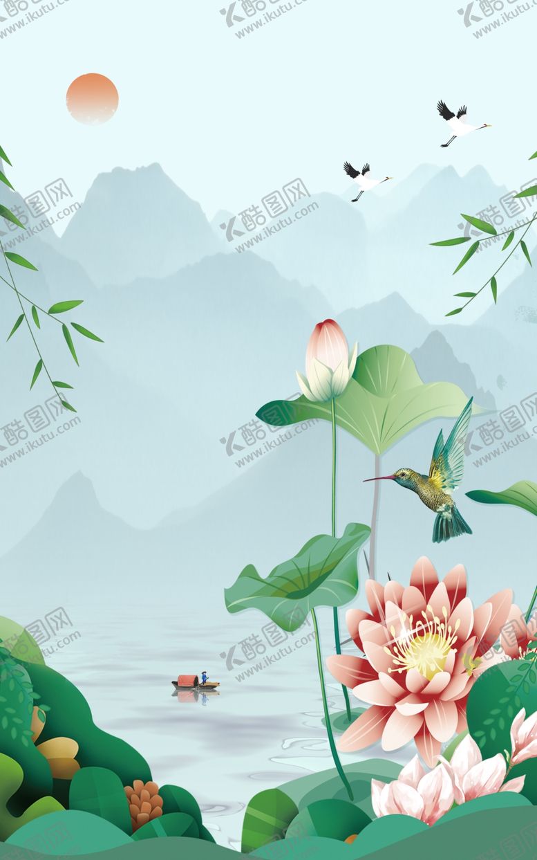 编号：95487411012157222901【酷图网】源文件下载-水墨山水荷花仙鹤