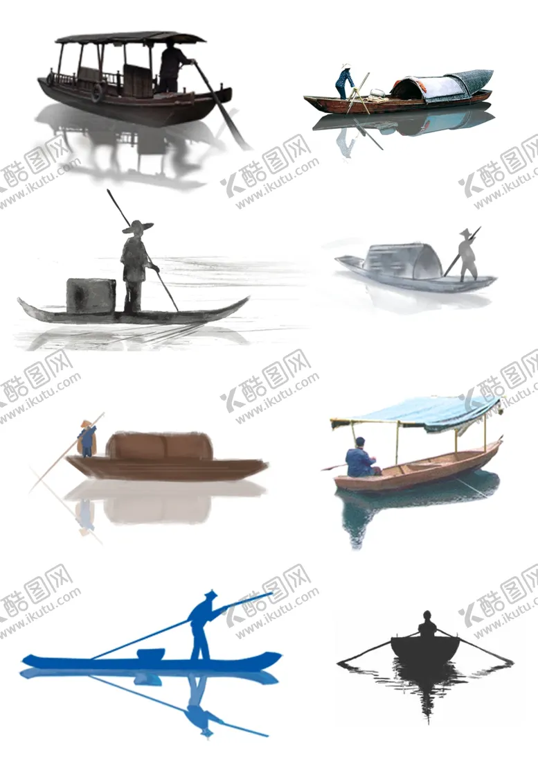 编号：69368102231008299274【酷图网】源文件下载-中国水墨小木舟划船元素大合集