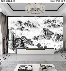 现代轻奢新中式石纹山水背景墙