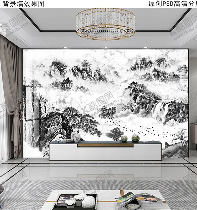 编号：21313005061231257095【酷图网】源文件下载-现代轻奢新中式石纹山水背景墙