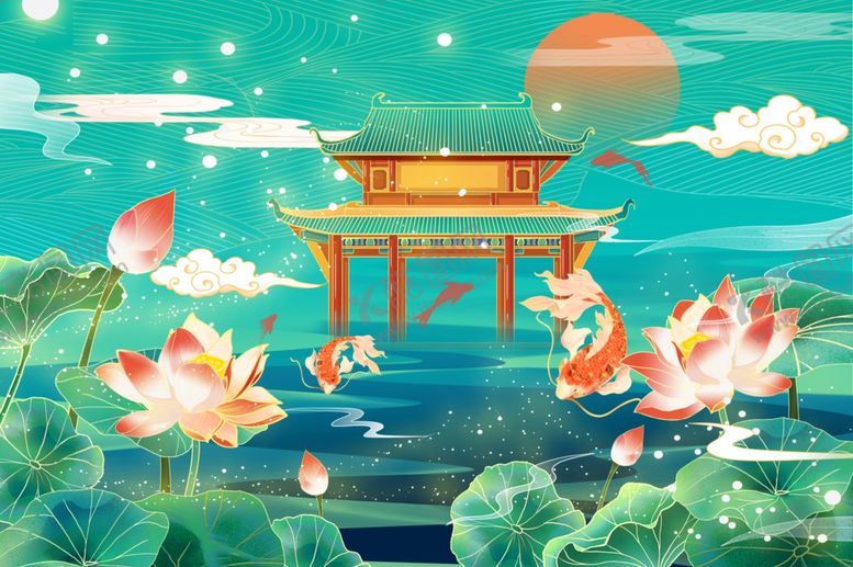编号：59176406241300225420【酷图网】源文件下载-国风浮世绘风水中鸟居美景