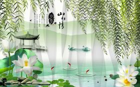 山水画荷花垂柳亭背景墙