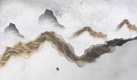 山水风景飘带松树鹤 小船背景墙