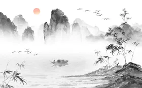 国画水墨山水图片创意客厅背景江南新中式